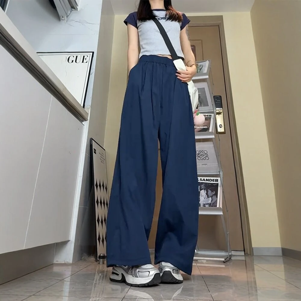 藏青色冰丝速干裤子男女款夏日垂感透气加长山本裤直筒凉凉阔腿裤