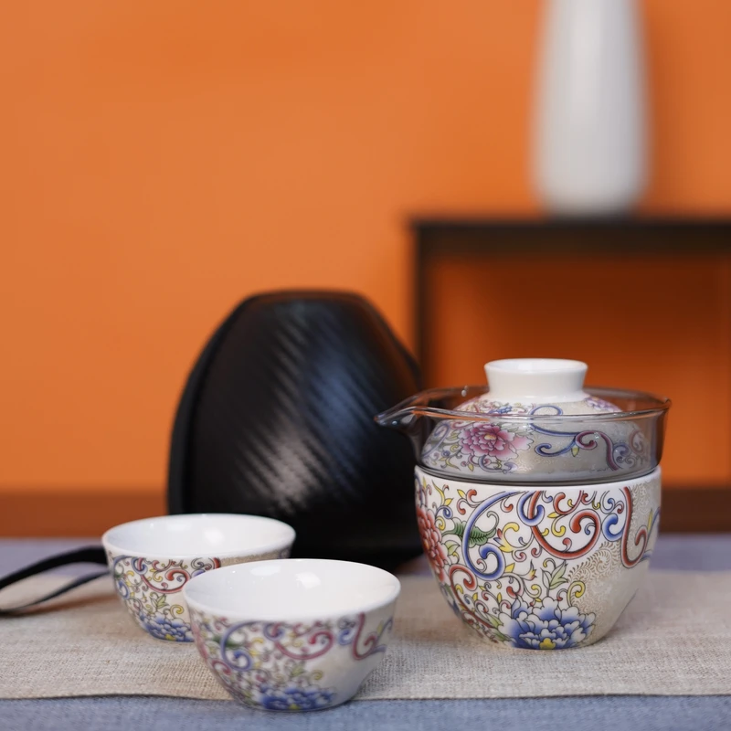 高级感中式车载旅行茶具户外旅游便携式陶瓷珐琅掐丝一壶三杯029