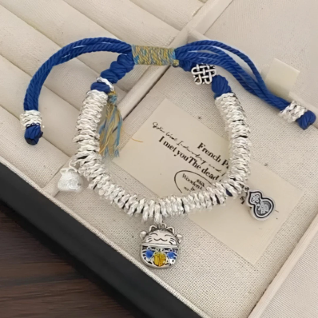 足银手链 A44蓝色珐琅彩招财猫葫芦盘缠手链可调节