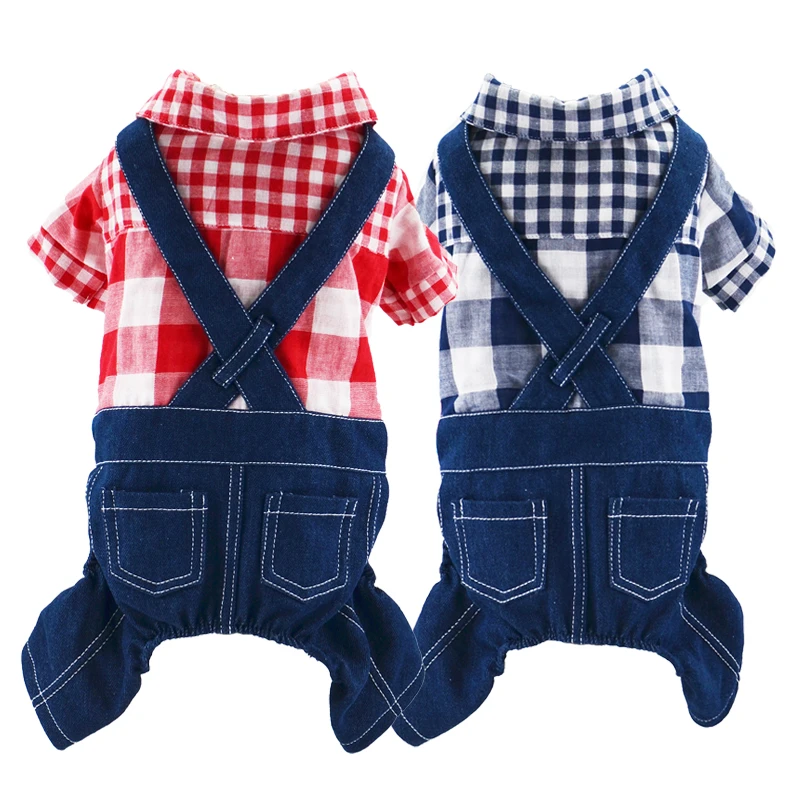 狗狗格子衣服小狗秋款小型泰迪犬牛仔背带裤猫咪金毛薄款四脚比熊