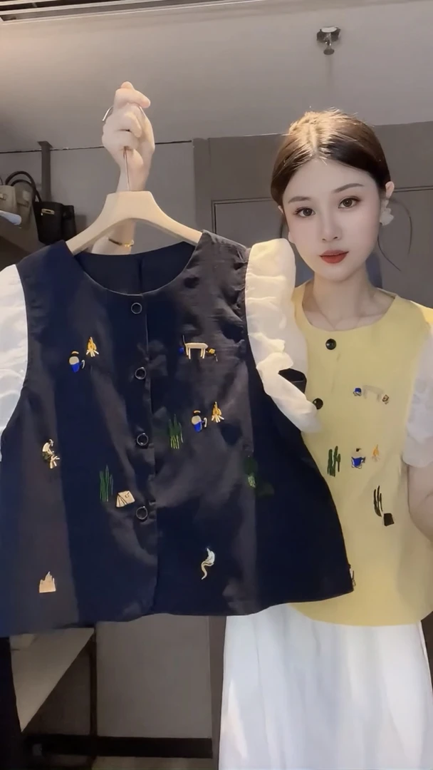 刺绣短袖衬衫女2025新款夏季复古减龄短款宽松抽绳设计感上衣