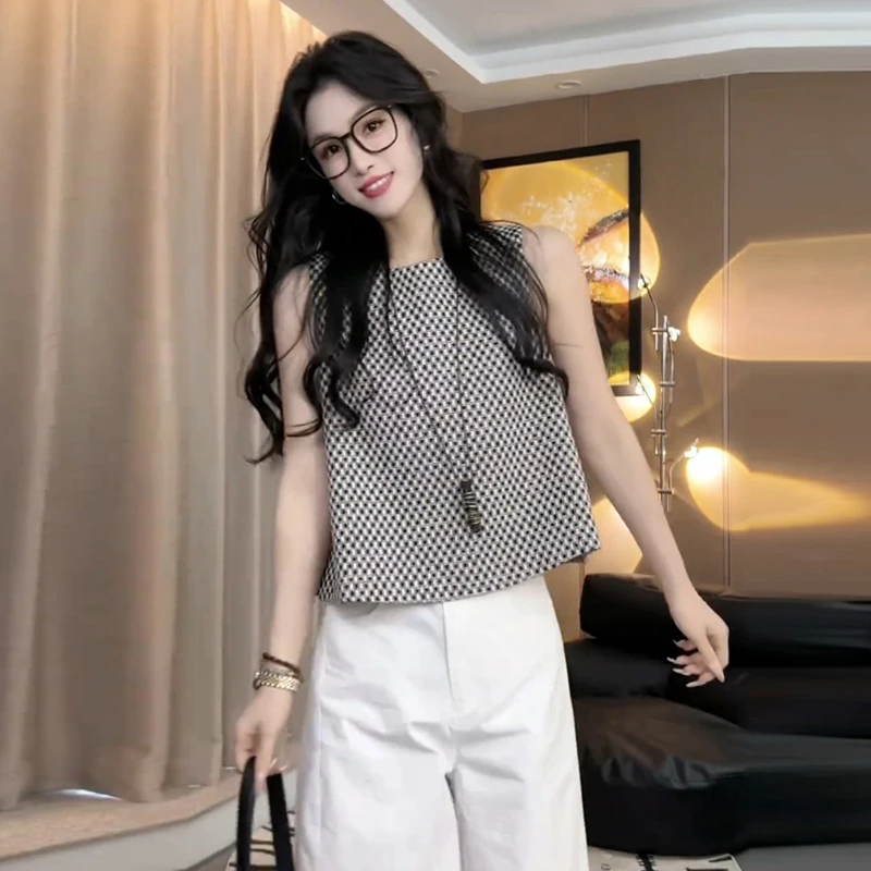 黑白格子无袖背心上衣女2025新款爆款夏装减龄高级感独特漂亮小衫