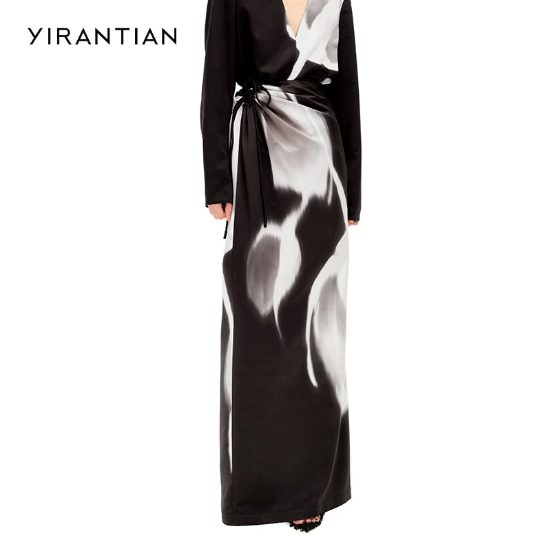 【YIRANTIAN】秋季小众休闲简约印花高腰通勤修身侧抽褶长半裙女
