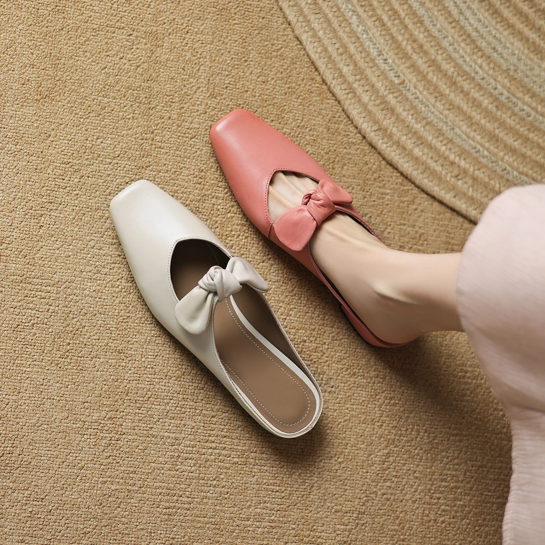 断码青沧｜真皮新款百搭春夏季凉鞋休闲蝴蝶结包头拖方头凉拖女