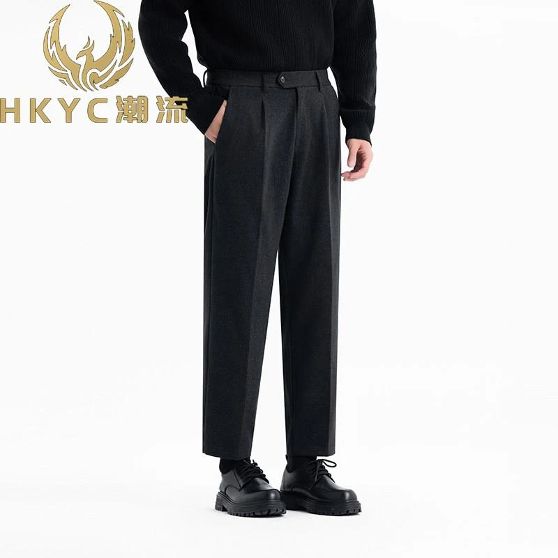 HKYC冬新款松紧腰男士直筒毛呢裤子加厚商务免熨烫休闲裤九分裤