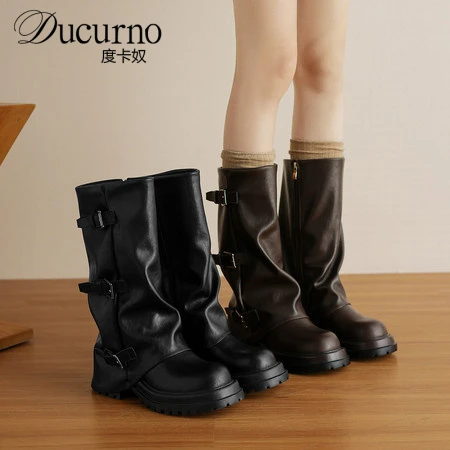 DUCURNO时尚厚底褶皱堆堆靴炸街裤管靴女皮带扣中筒靴真皮骑士靴