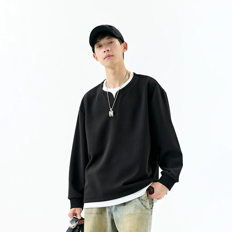 男士简约长袖秋季休闲卫衣百搭潮流纯色假两件宽松长袖圆领卫衣