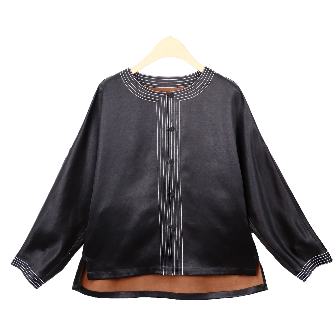 莲遇曦25夏新品 休闲皮缎皮子香云纱圆领长袖短款上衣黑色