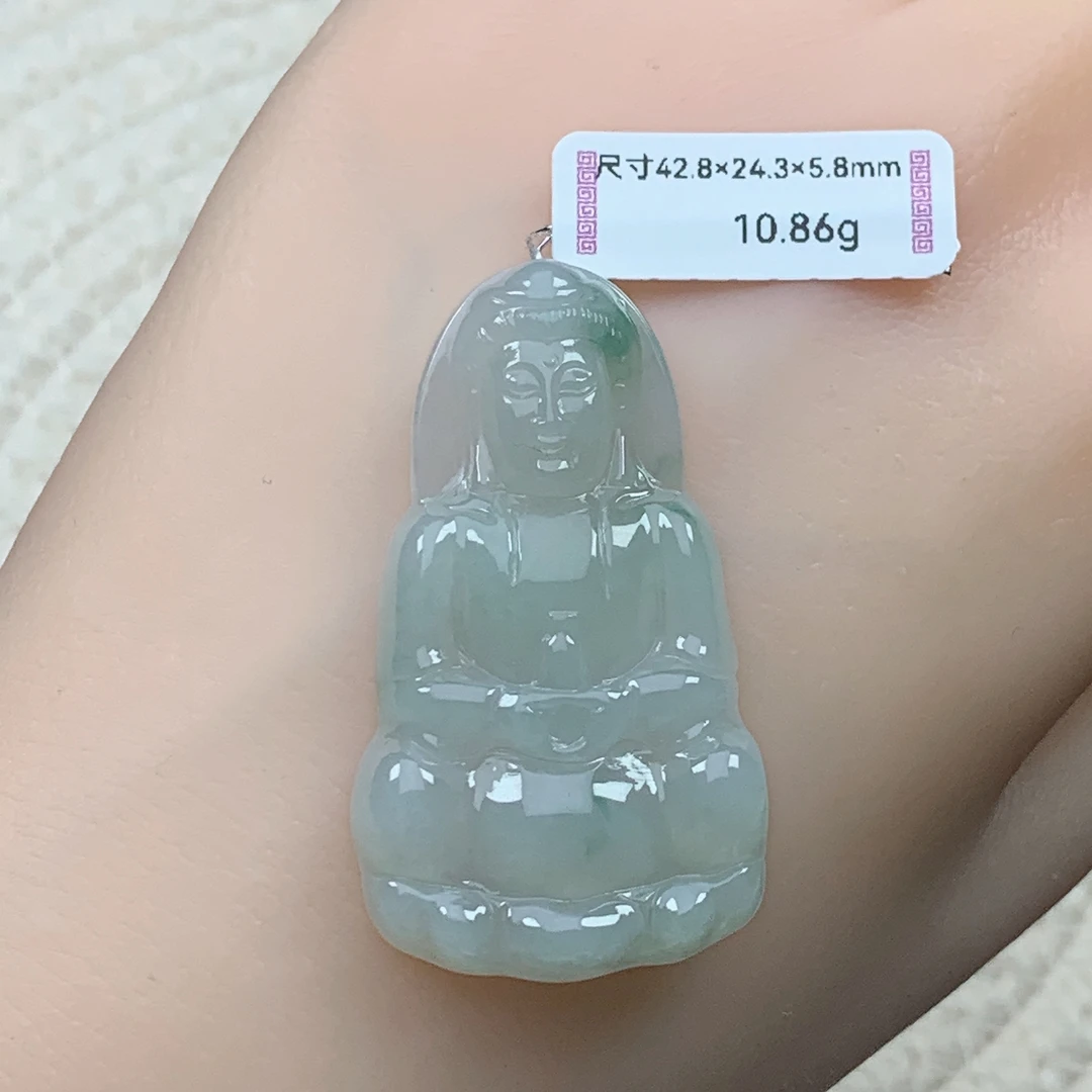 缅甸天然翡翠A货水润飘绿观音吊坠 42.8×24.3×5.8mm