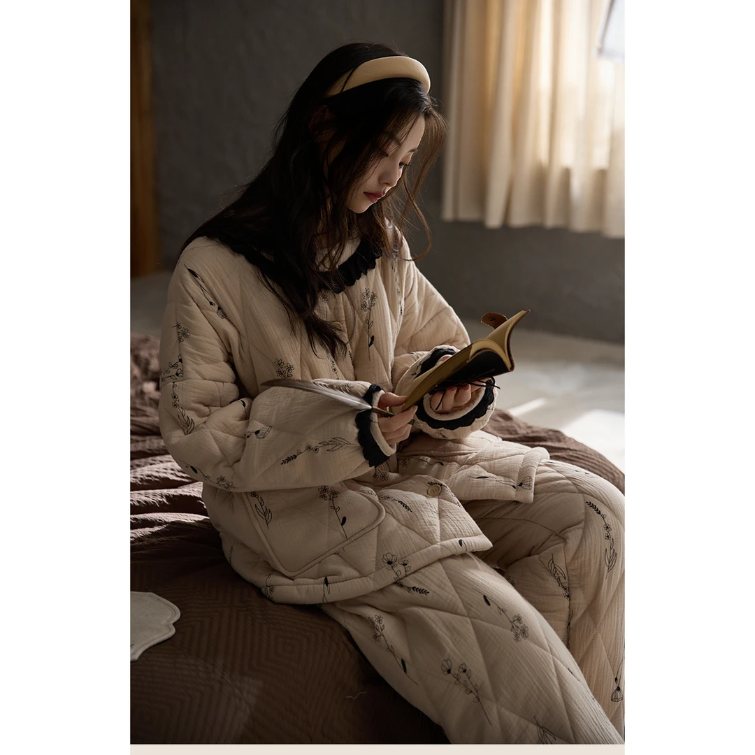韩版拼接花边棉服三层夹棉睡衣女冬新款面包款棉衣保暖家居服套装