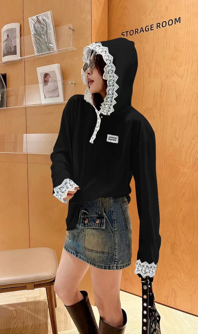 《深圳凯姐家》2025早春新款南油欧货蕾丝连帽防晒打底衫