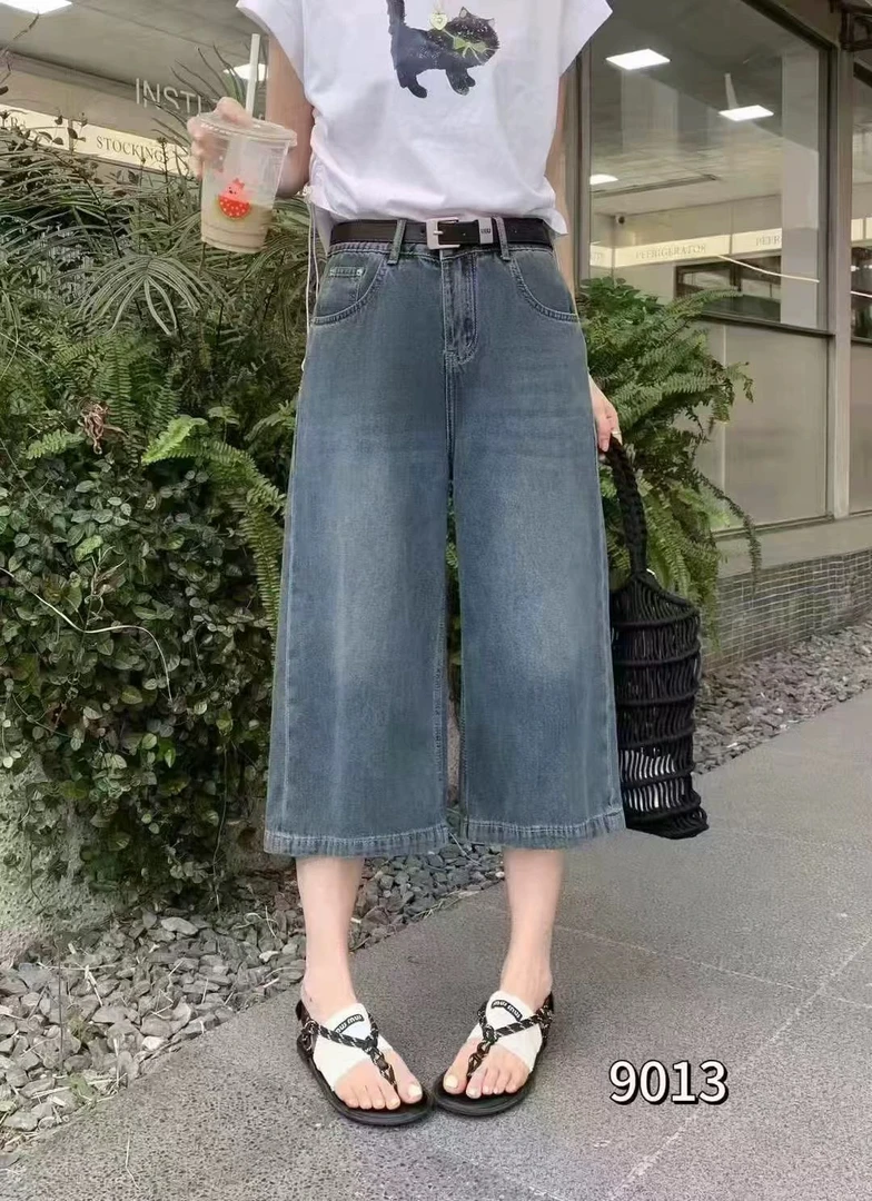 新款做旧高腰软牛仔七分裤9013