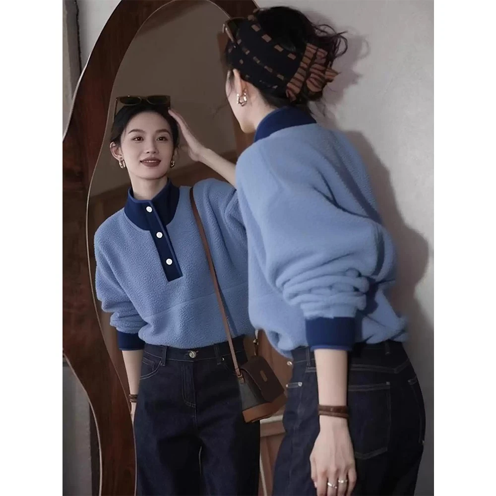超好看蓝色立领羊羔毛卫衣女2025秋冬新款松弛感慵懒独特别致上衣