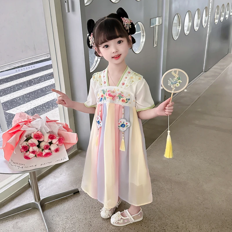 新品巴拉巴拉女童超仙中国风雪纺汉服连衣裙公主宝宝唐装改良襦裙