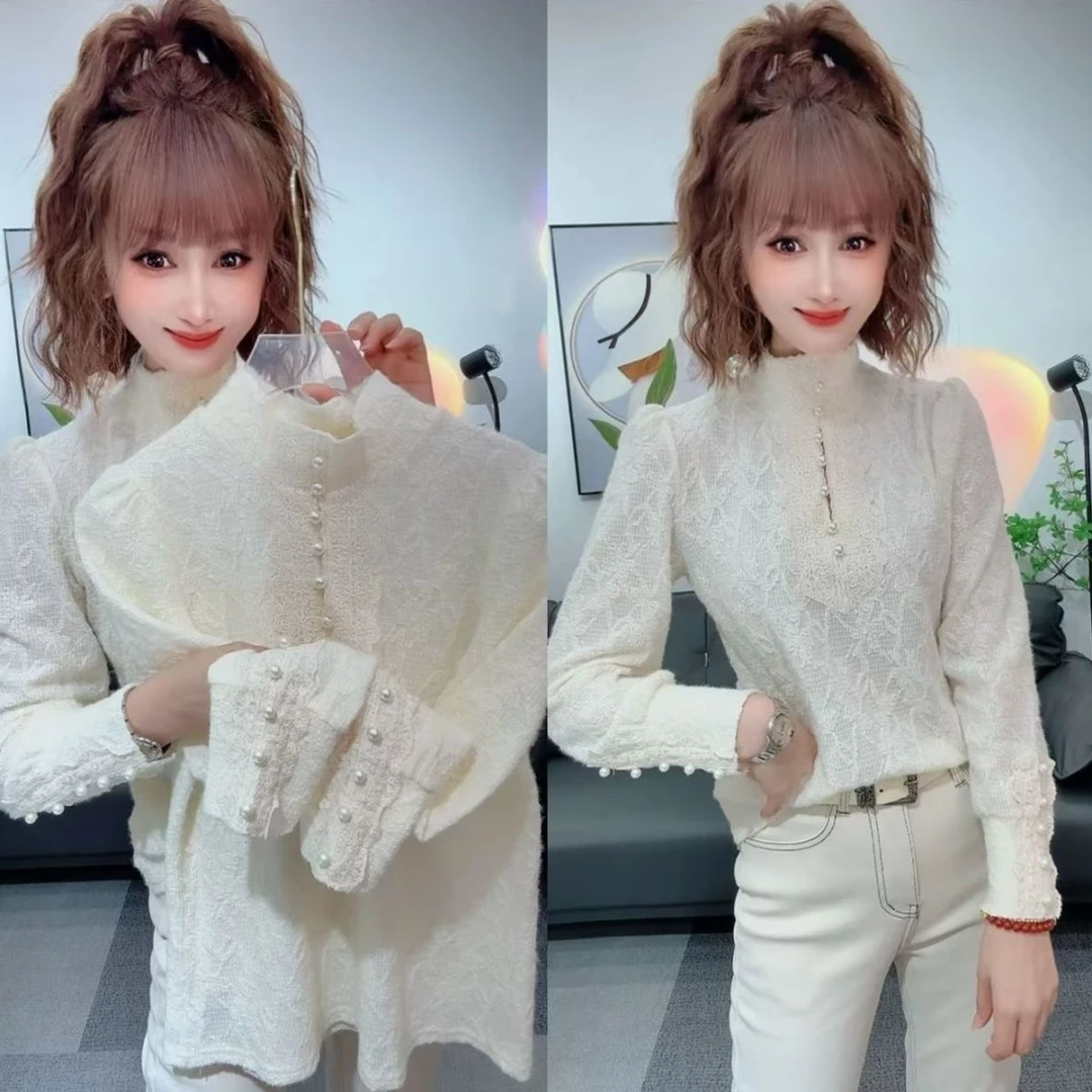 欧货钉珠镶钻丝绒衫女秋冬重工轻奢新款设计感别致圆领泡泡袖小衫
