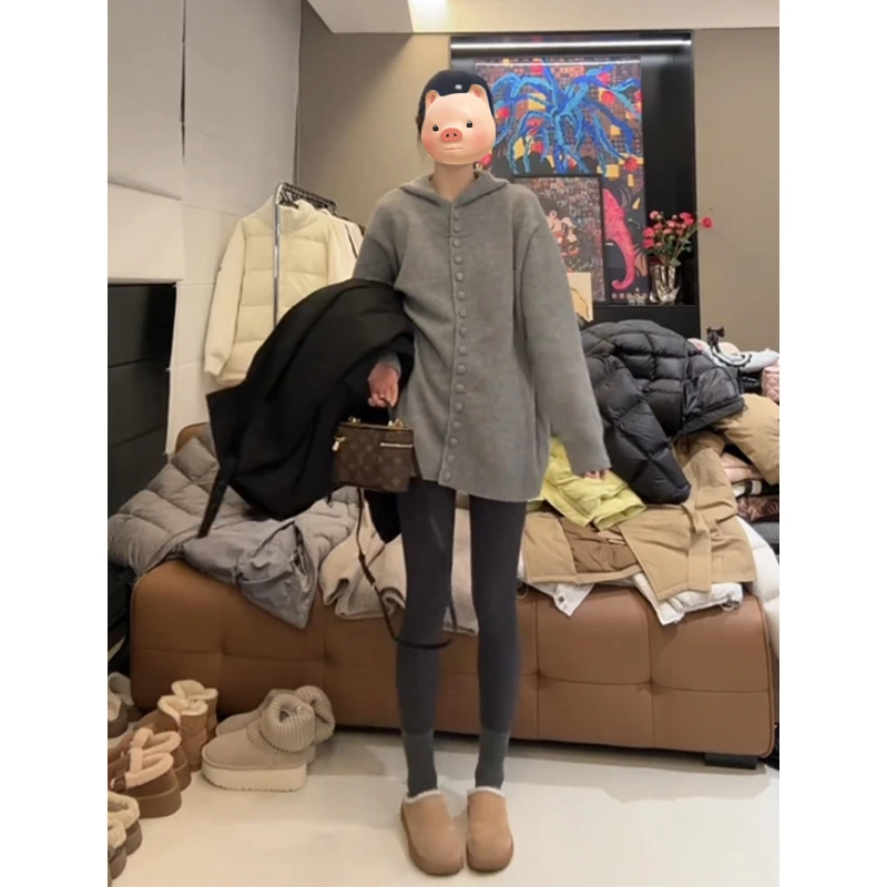 灰色中长款连帽毛衣外套女2024新款秋冬加厚慵懒风高级感针织开衫