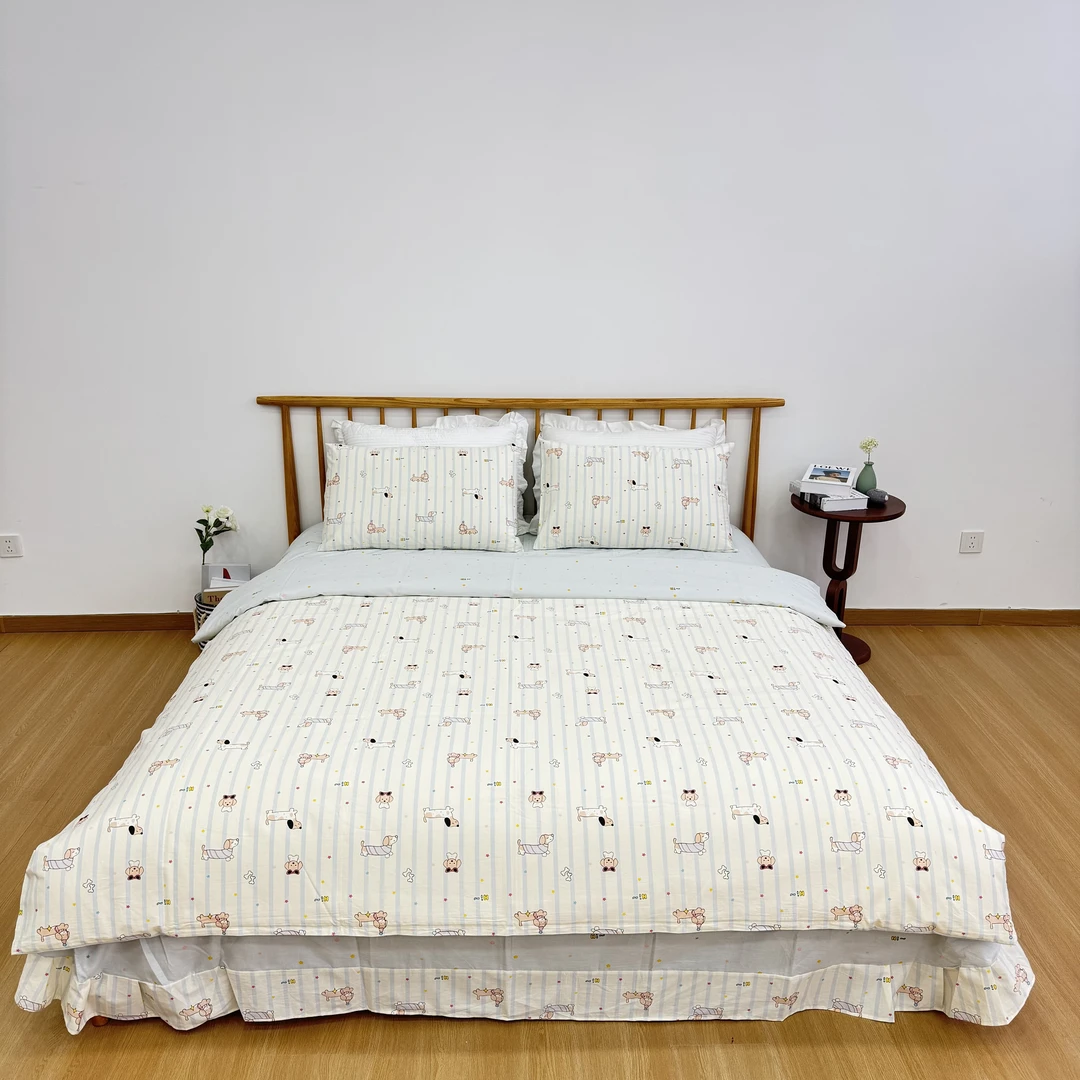 【纯棉四件套】纯棉精梳棉小清新斜纹床裙款印花四件套