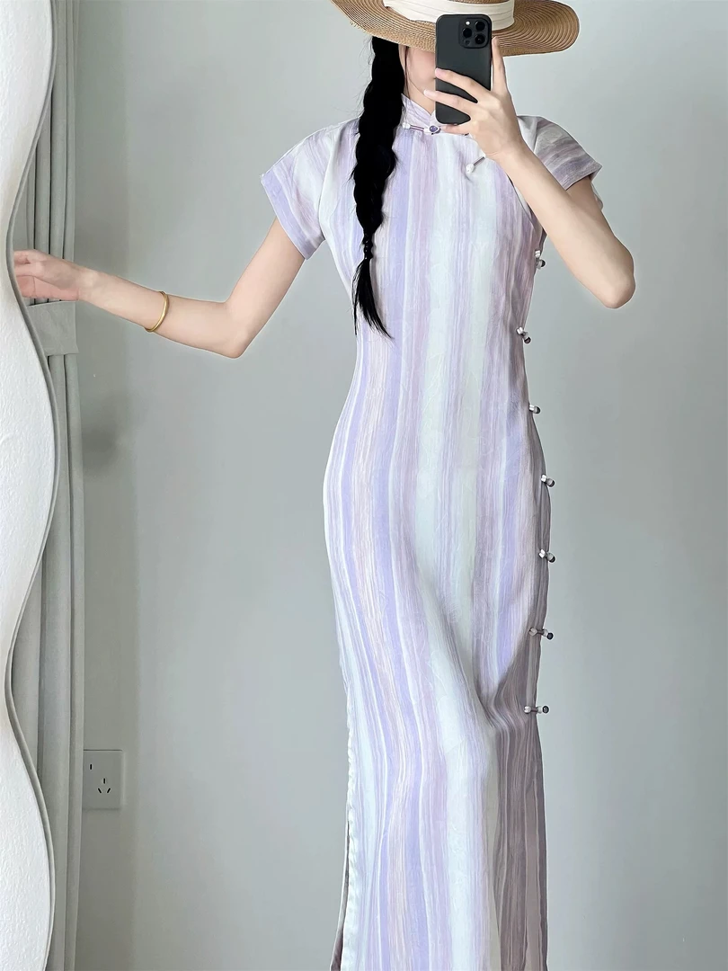 （九紫）长度125单层提花古法全开襟旗袍港工老上海改良年轻春夏季