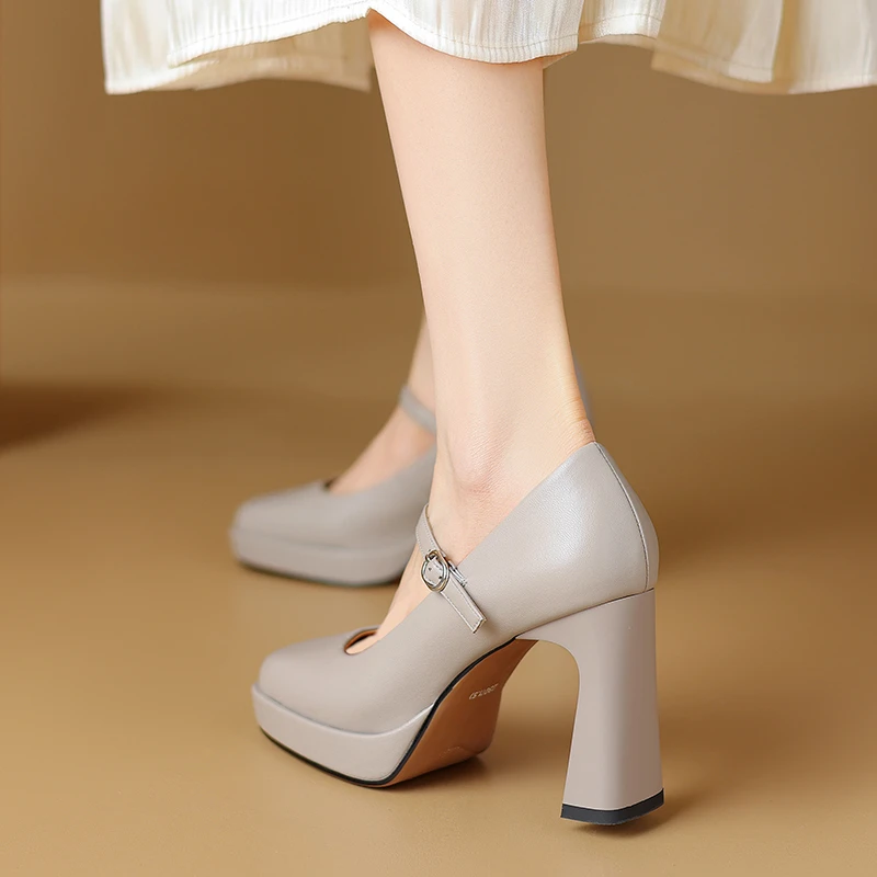 小个子增高9cm~法式配裙子玛丽珍鞋防水台粗跟高跟鞋真皮浅口单鞋