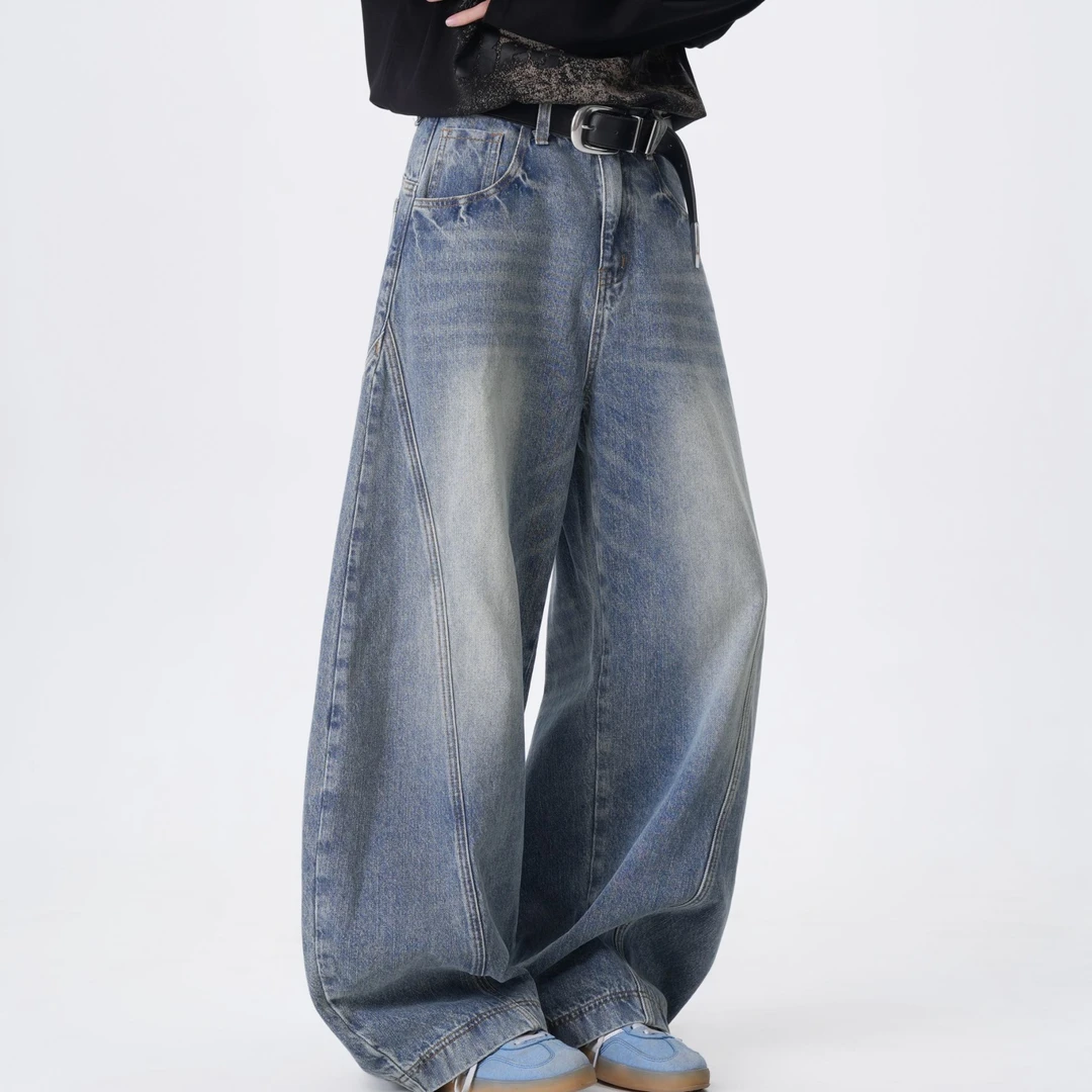 阔腿裤水洗高街水洗阔腿牛仔裤百搭高街秋季晕染美式直筒复古