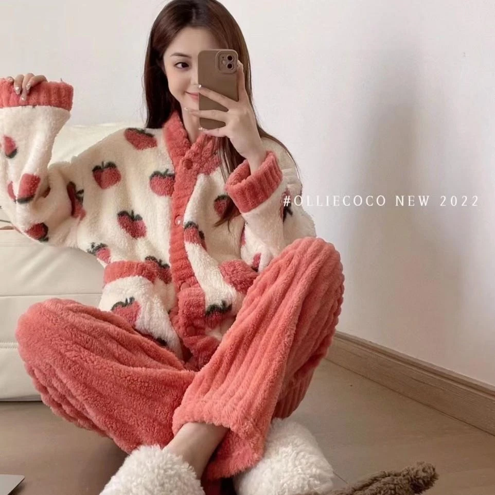 珊瑚绒桃子开衫睡衣套装2025女士秋冬加厚保暖可爱居家服两件套