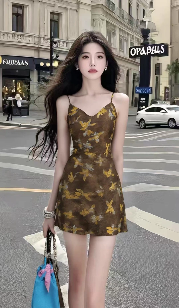 夏季新款时尚咖色V领收腰印花设计吊带连衣裙女法式气质显瘦短裙