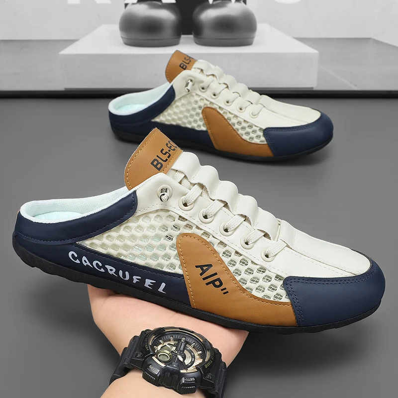 【设计师款】男士半拖鞋新款秋季网面拖鞋潮流百搭无后跟包头凉拖男