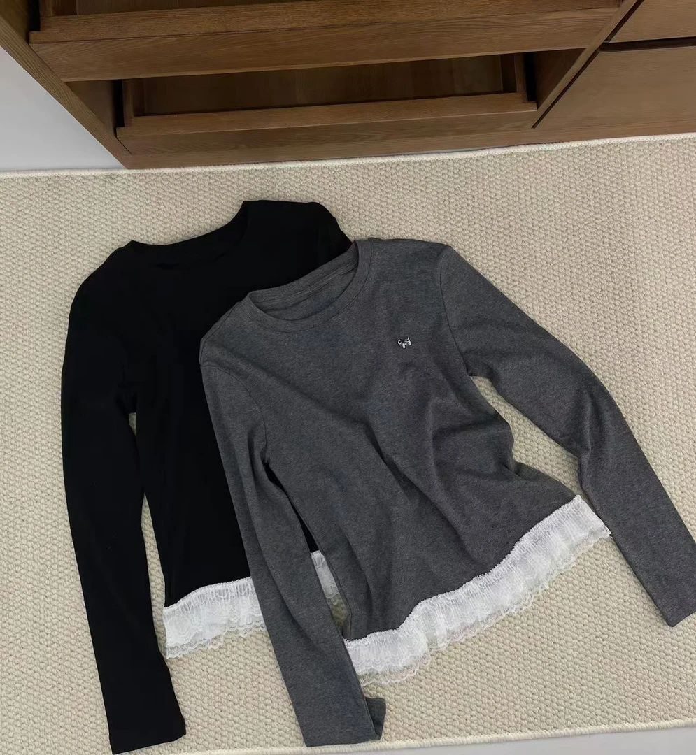 DD-53170圆领长袖下摆蕾丝打底上衣