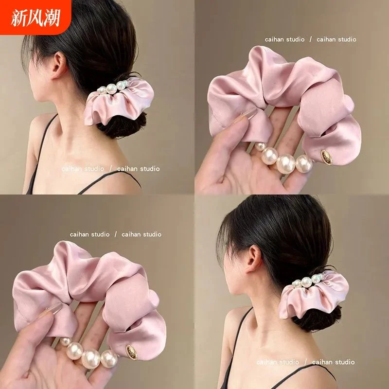 珍珠头绳2025新款高端扎头发皮筋女高级感头花大肠缎面发圈韩发饰