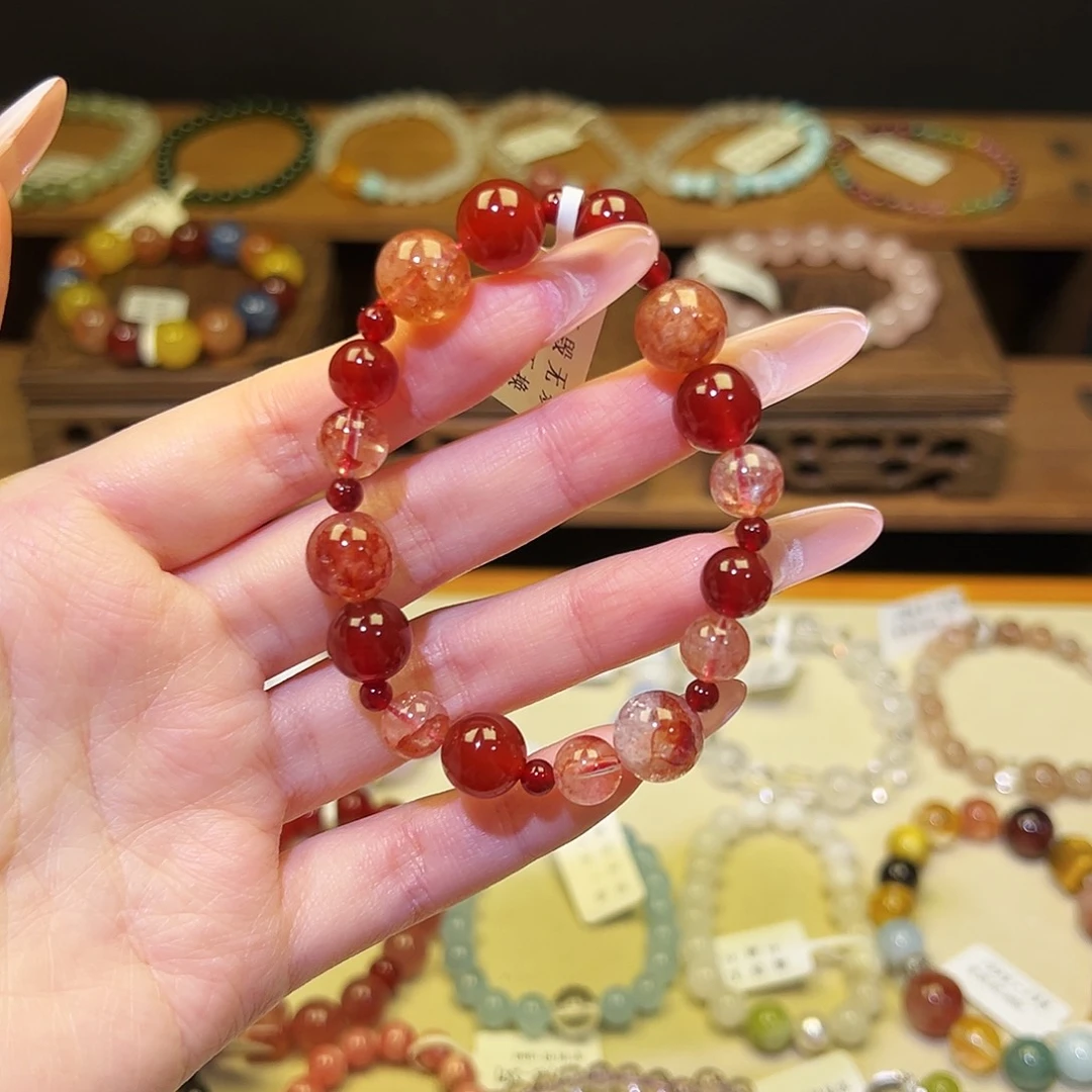 水晶手串银S925镀金镶嵌红1465