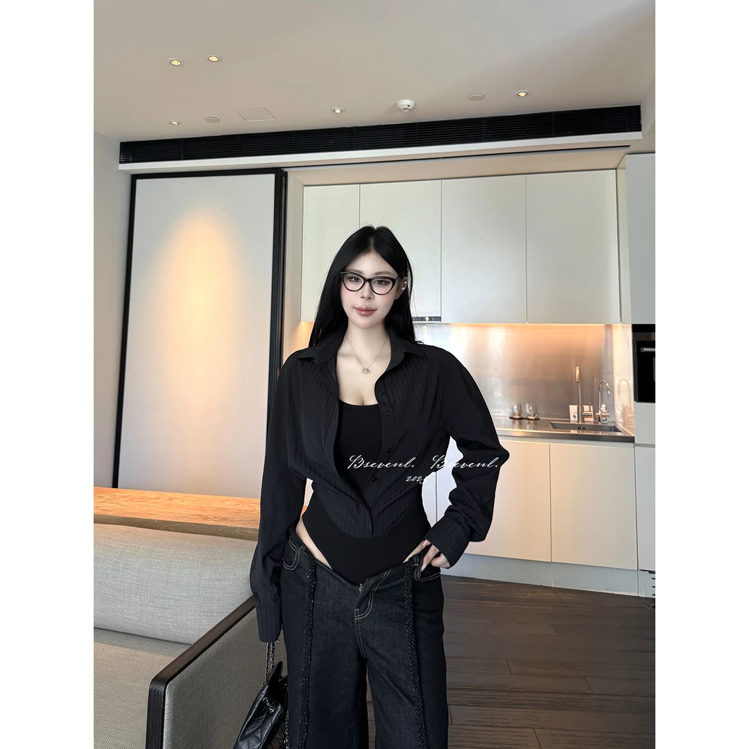 黑泽玄七“神版沙漏天菜”早秋微胖jumpsuit连体衣假两件衬衫背心女