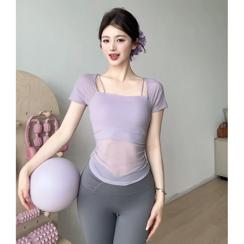 gogoyoga假两件网纱t恤固定杯运动内衣外穿健身瑜伽服短袖上衣