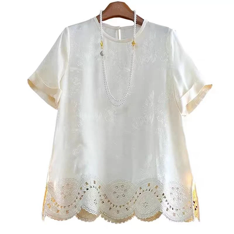 【蕾丝边半袖】打底上衣网红复古新中式中国风圆领白色2109