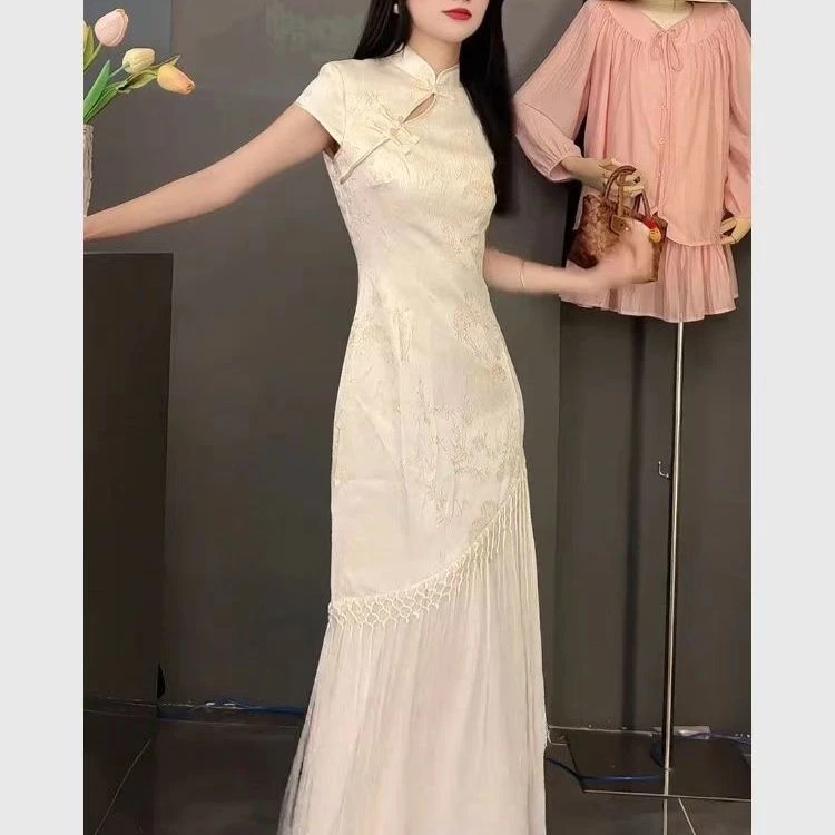大码新中式国风女装连衣裙夏季新款高档提花流苏拼接改良旗袍长裙