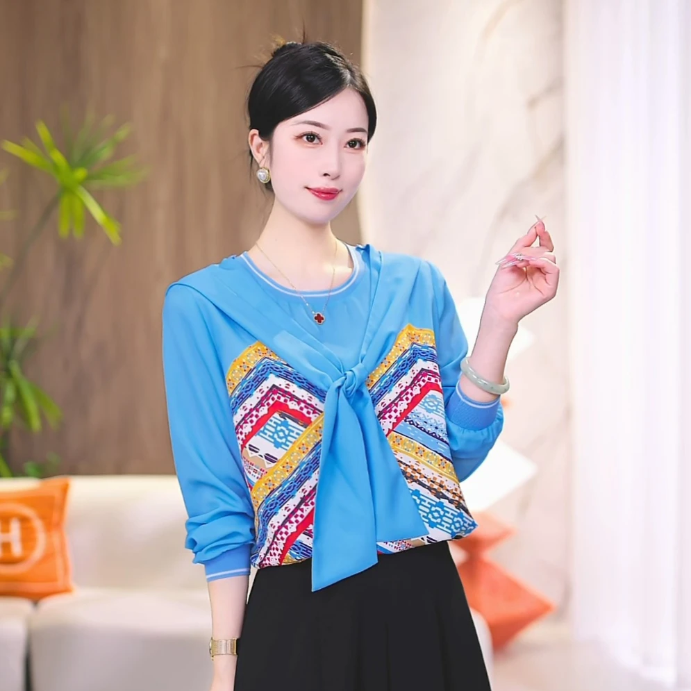 现货【彩菱映蓝】25夏款新款百搭时尚减龄长袖披肩款T恤上衣 送披肩