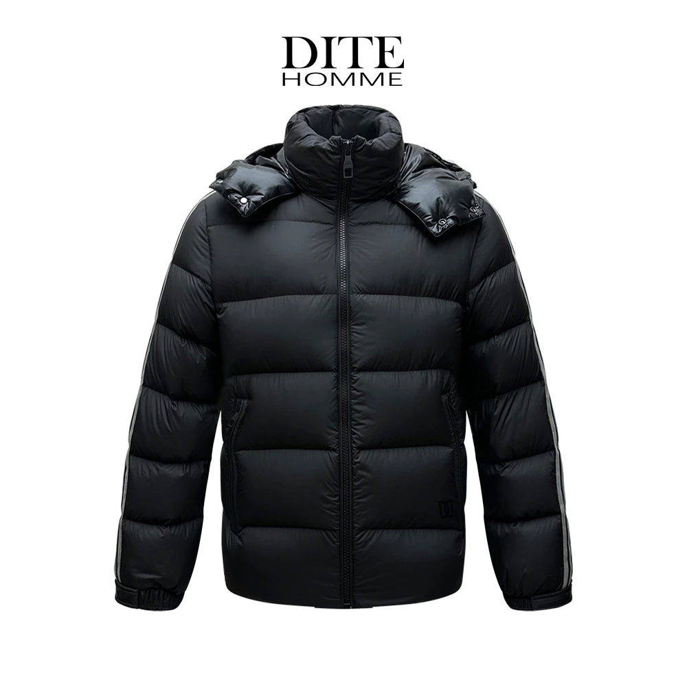 Dite迪特25年男士秋冬外套黑色连帽织带拼接保暖侧边织带
