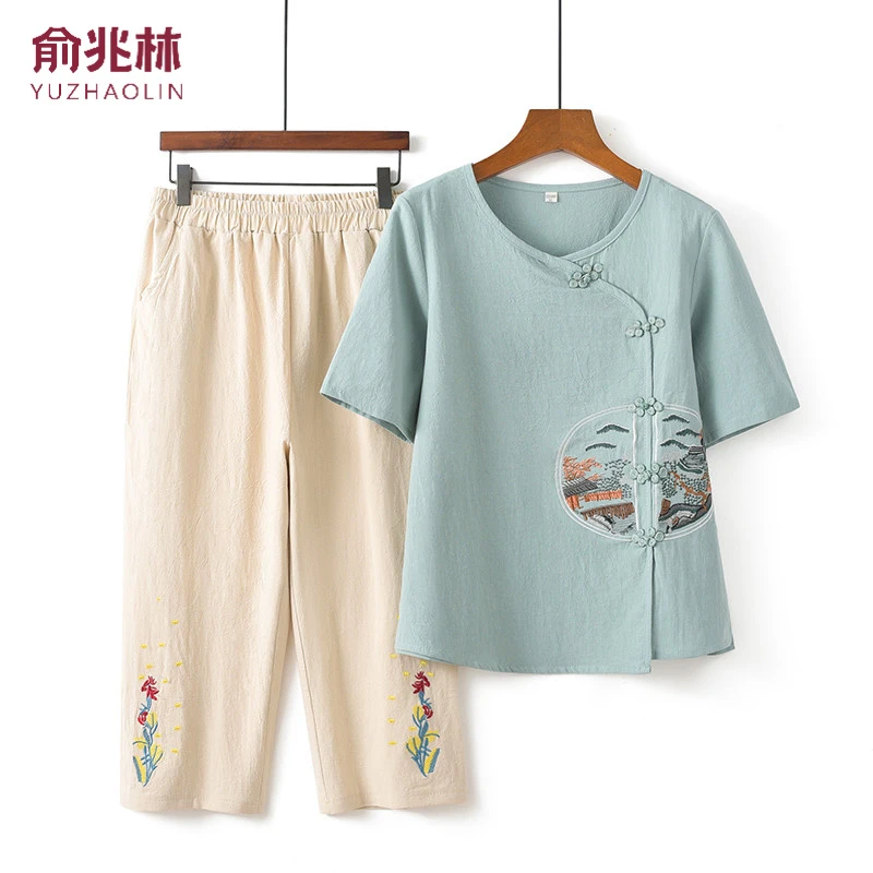 俞兆林中年妈妈装夏装套装洋气舒适上衣女40-50岁婆婆夏季短袖T恤