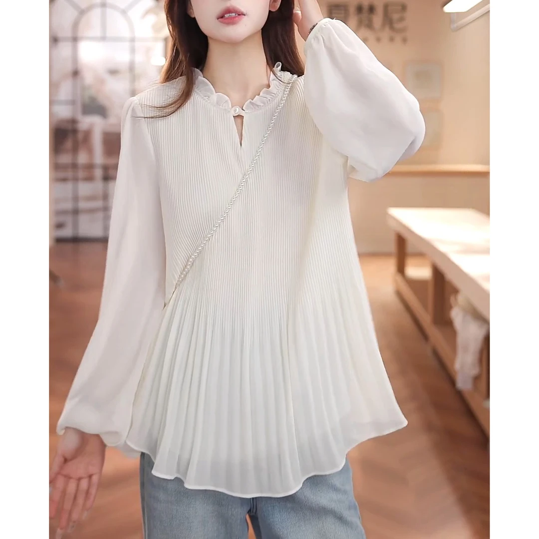 秋季新款大码气质木耳边小衫女时尚宽松设计感百搭显瘦衬衫上衣潮
