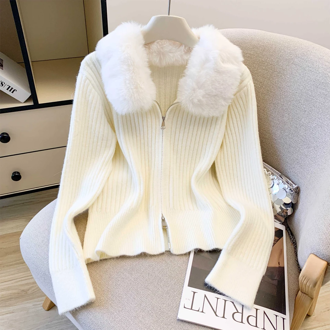 自留款推荐~毛领拉链长袖毛衣开衫女秋冬新款高级感显瘦加厚外套