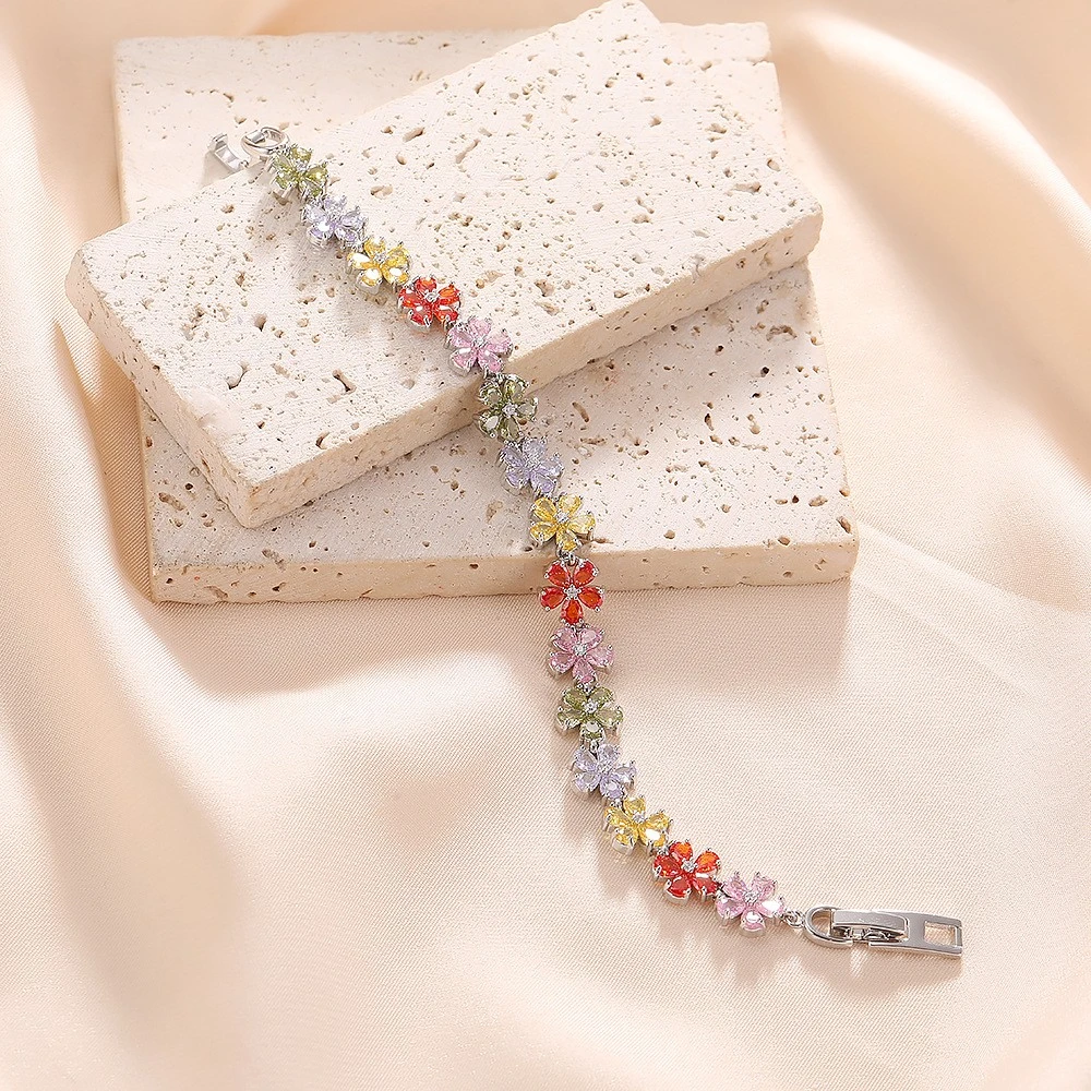 黄铜锆石手链 金色休闲风个性植物花卉百搭欧美饰品森系时尚风