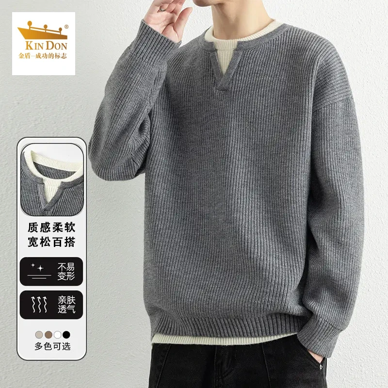 金盾假两件针织衫休闲毛衣男士2025新款高级感圆领长袖打底衫男款