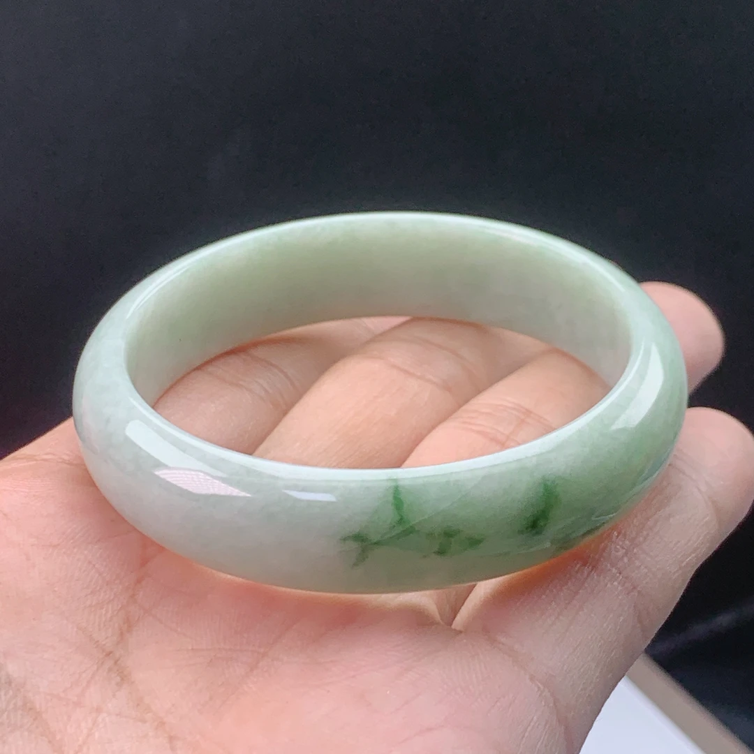 天然翡翠精美飘花正圈宽边手镯内径54.8x13x6mm有纹女款平安镯
