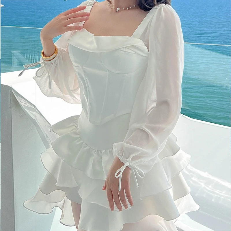 冰冰来了丨气质仙女一字肩雪纺长袖上衣纯欲俏皮蛋糕半裙套装65dy