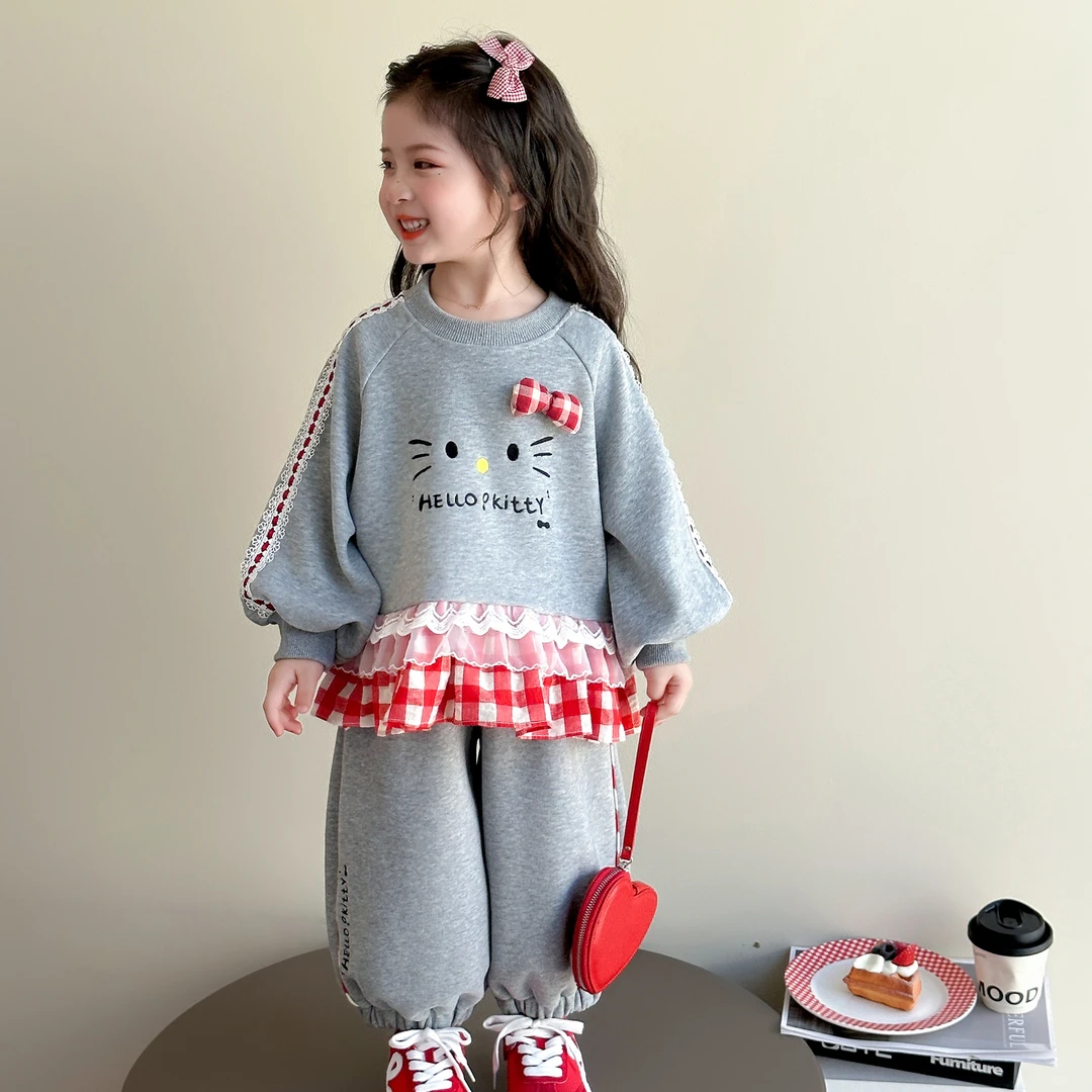 女童卡通卫衣套装春秋季洋气儿童韩系秋装女宝宝休闲格子领两件套