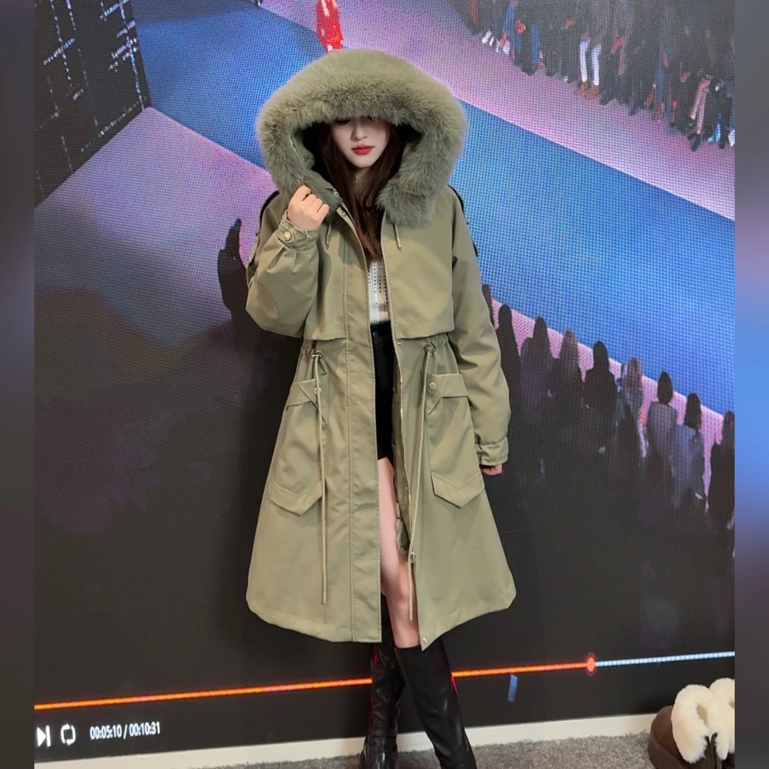 【长河】2023年新款中长款派克服女加厚时尚大毛领百搭外套休闲