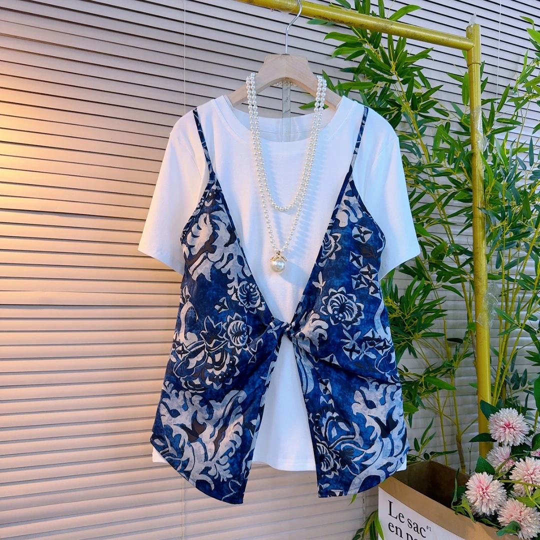 2588胖mm欧货时尚复古吊带背心假两件设计感气质减龄显瘦百搭衫