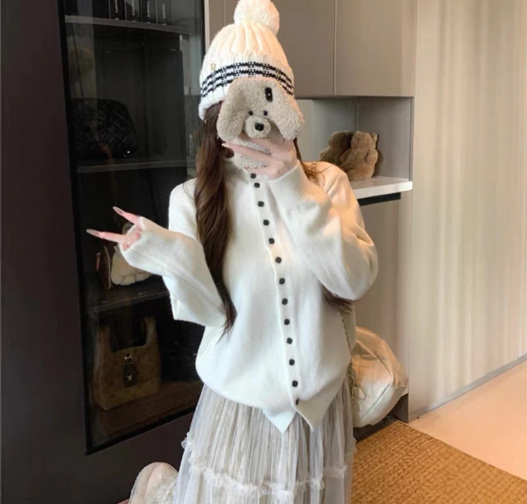 女针织开衫款长袖极简风毛针织衫白色上衣百搭韩版