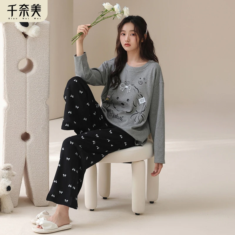 千奈美睡衣女春秋季新款纯棉带胸垫长袖少女甜美卡通可爱风家居服