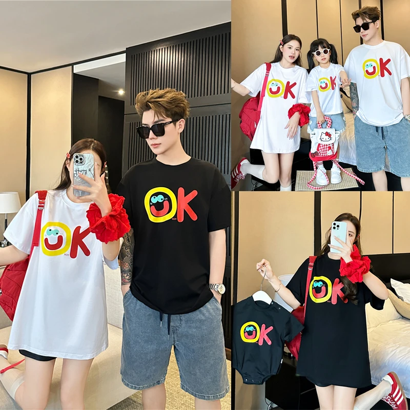 2025夏装新款亲子装一家三口英文短袖T恤儿童婴童爬服连体衣6609