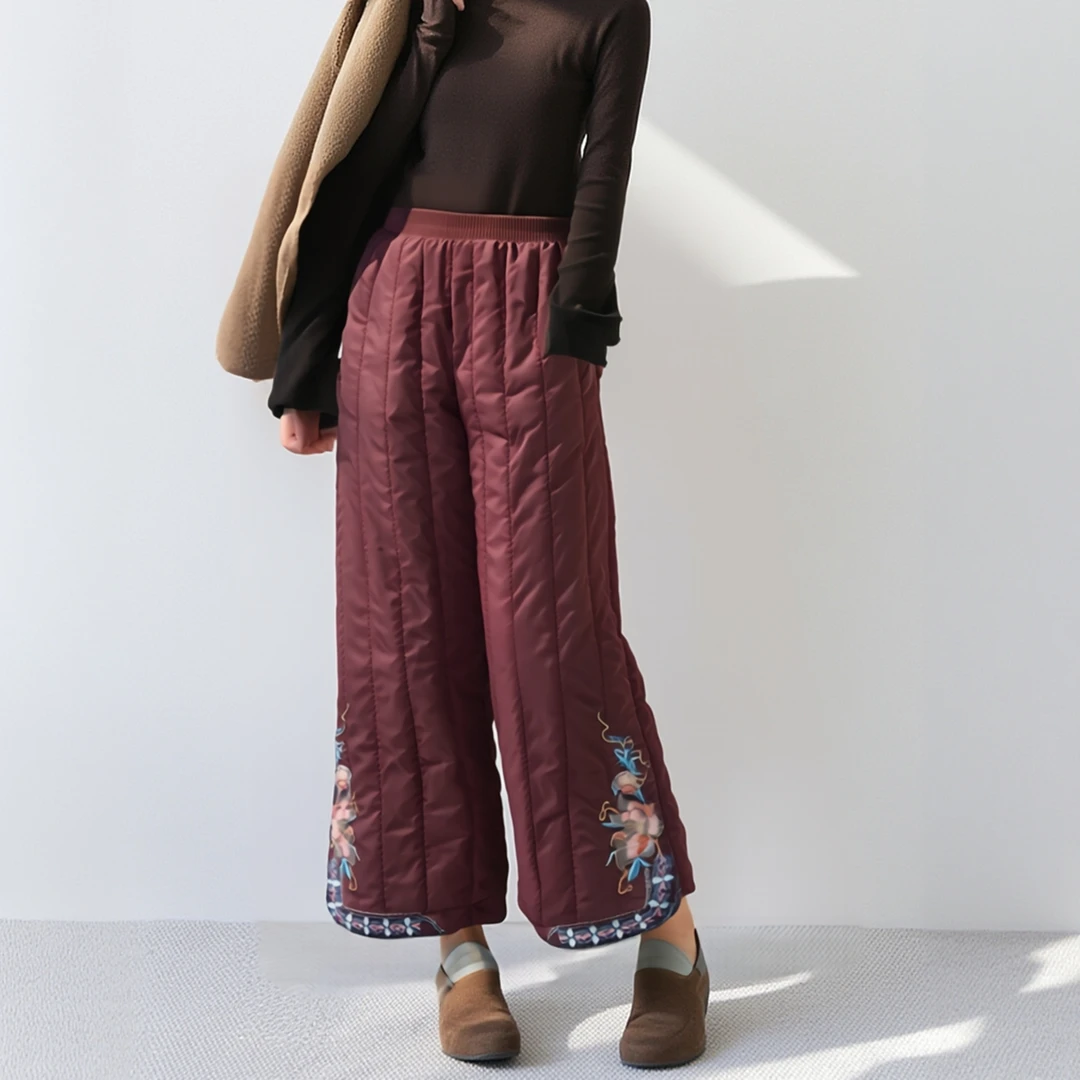 反季测新款 玛罗兰  新中式刺绣阔腿羽绒裤